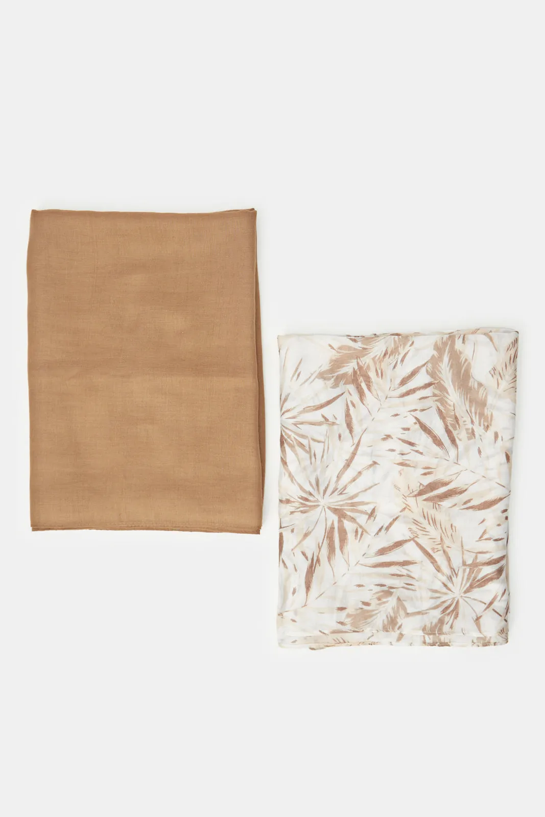 Women Brown Solid And Printed Scarf Set (Pack of 2)