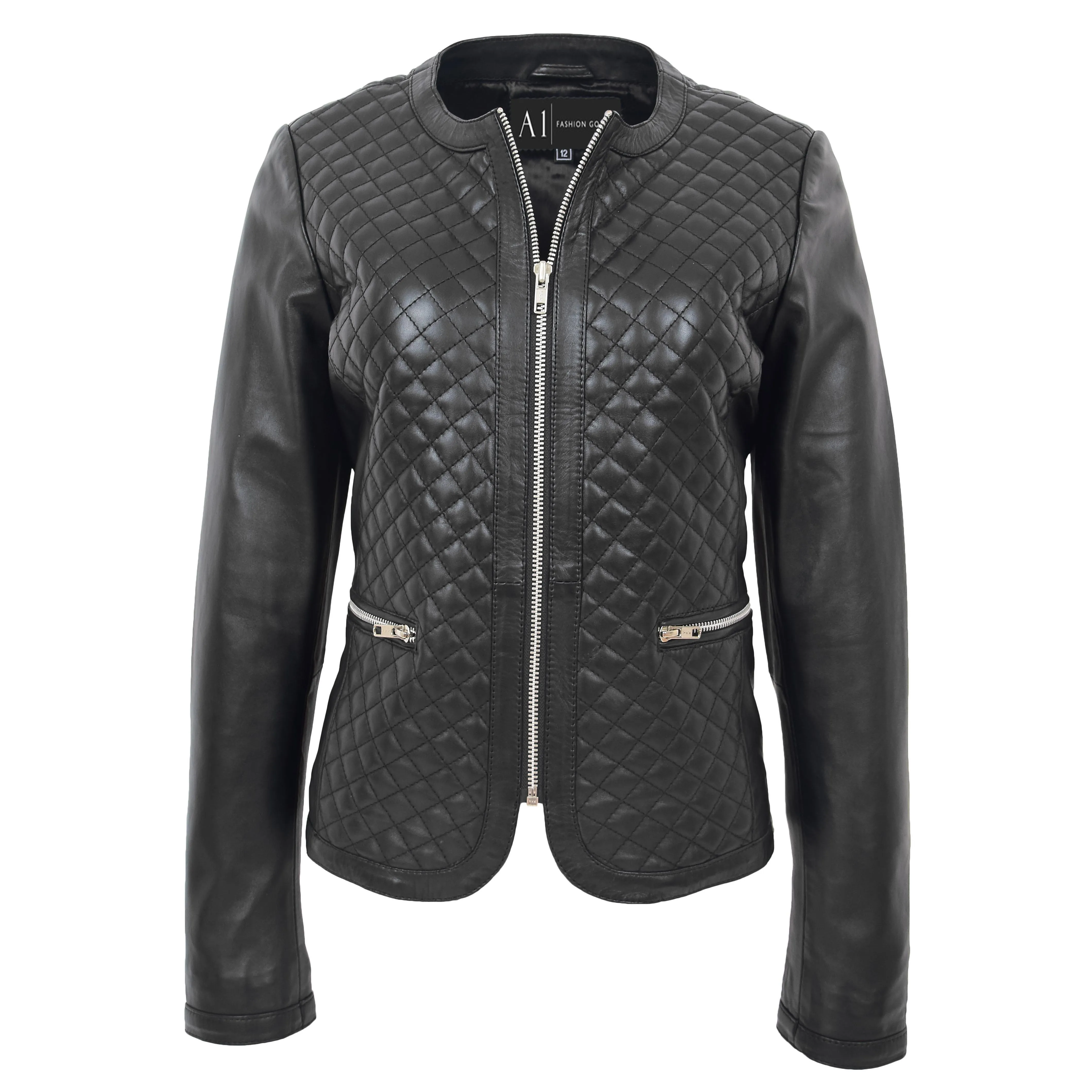 Women Collarless Black Leather Jacket Fitted Quilted Zip Up - Remi