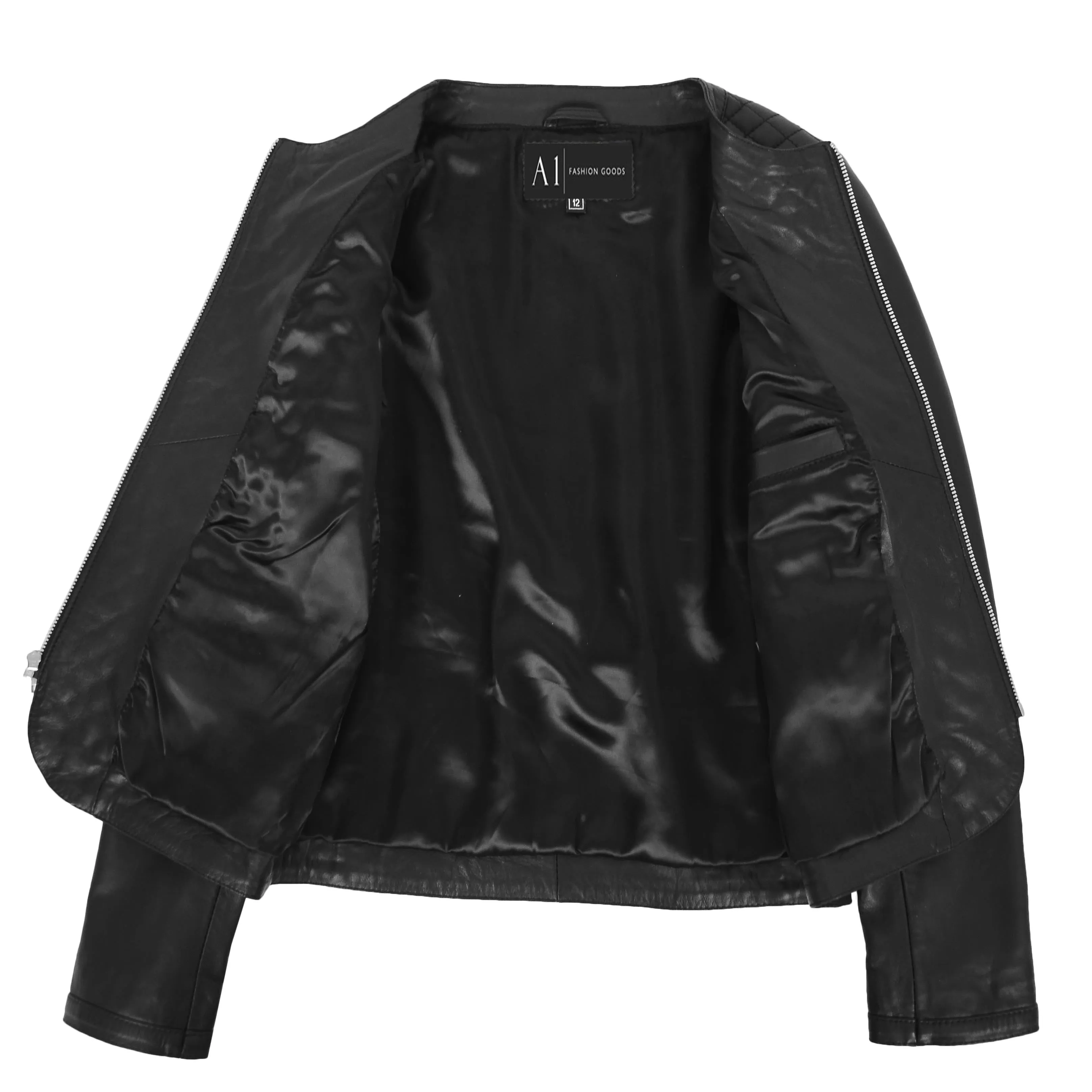 Women Collarless Black Leather Jacket Fitted Quilted Zip Up - Remi