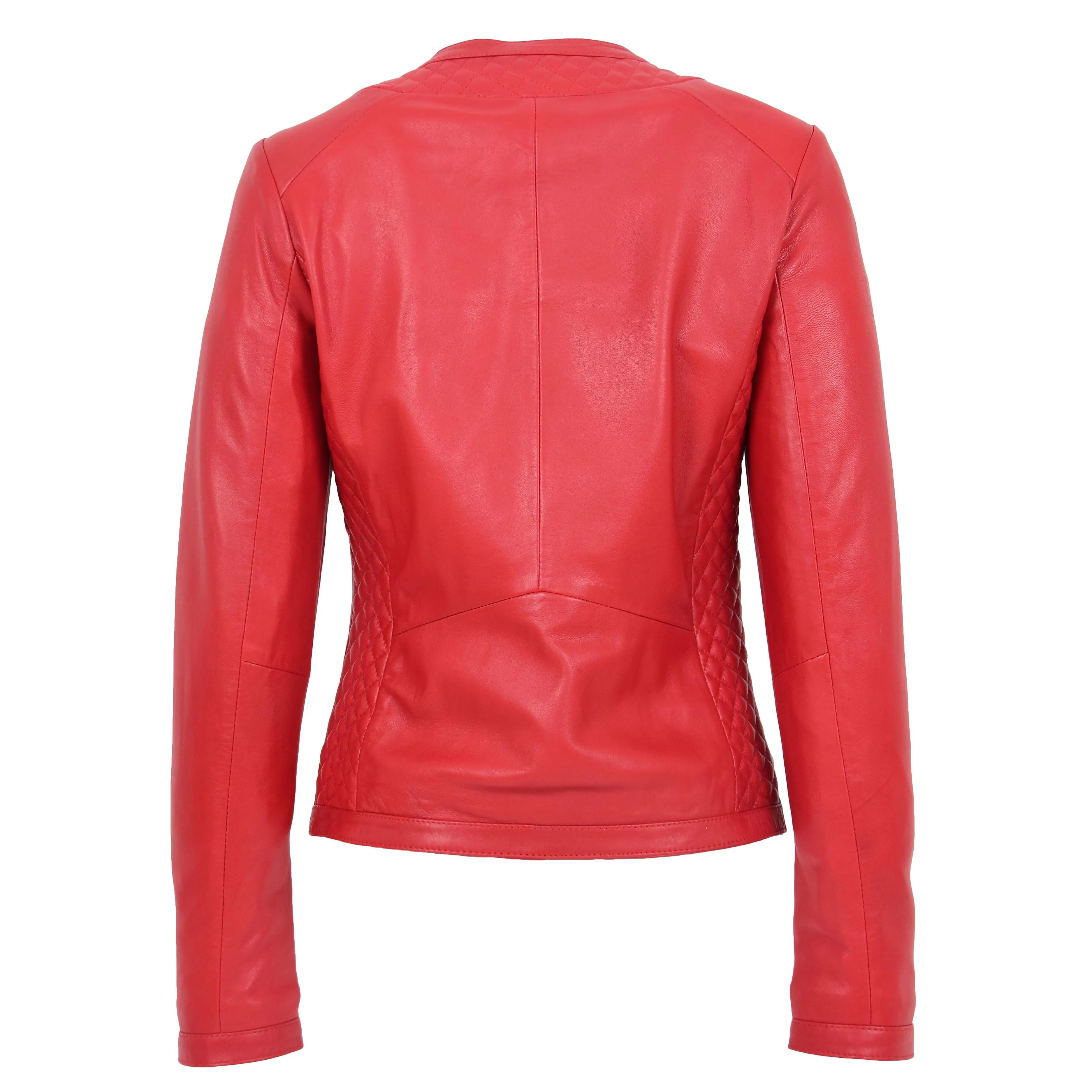 Women Collarless Red Leather Jacket Fitted Quilted Zip Up - Remi