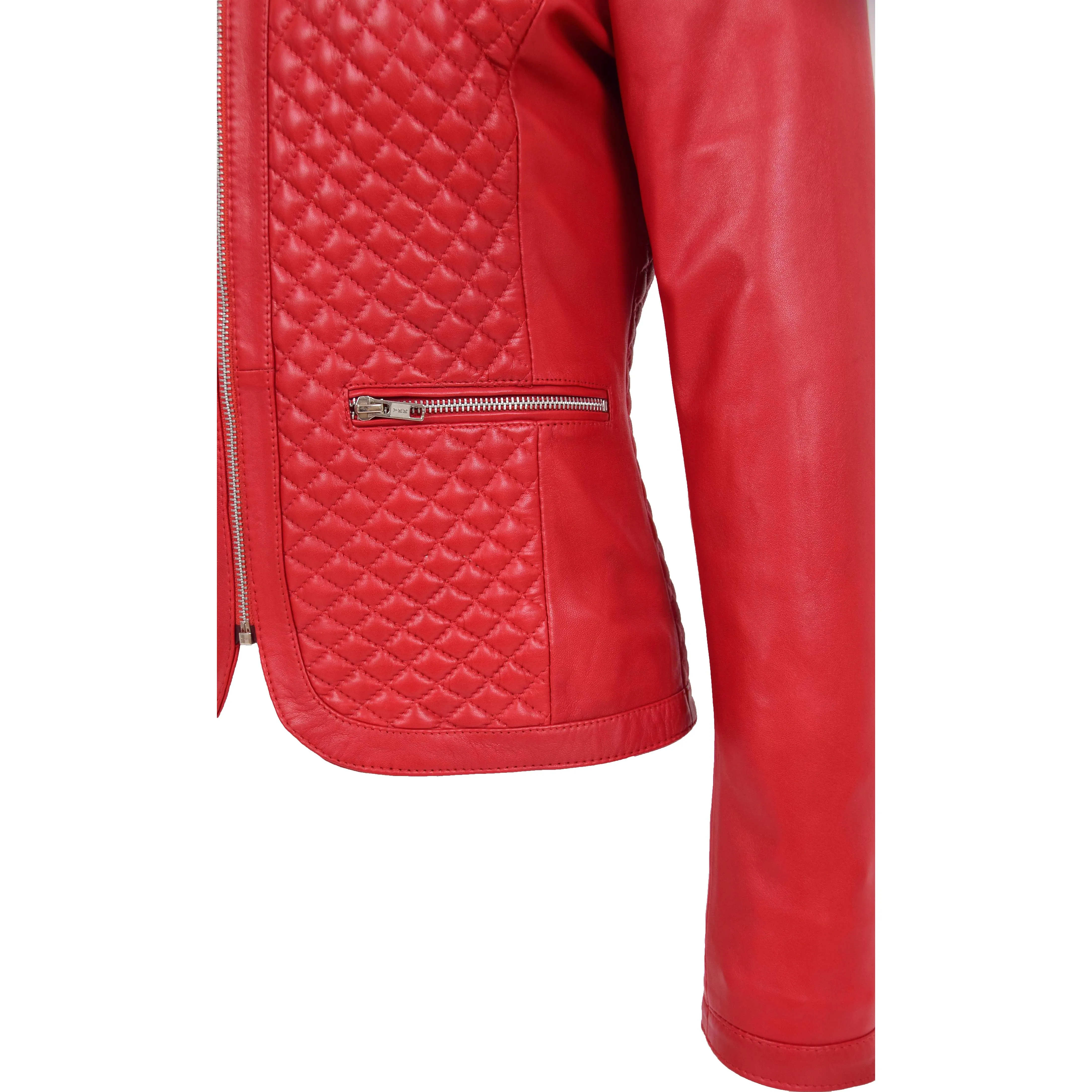 Women Collarless Red Leather Jacket Fitted Quilted Zip Up - Remi