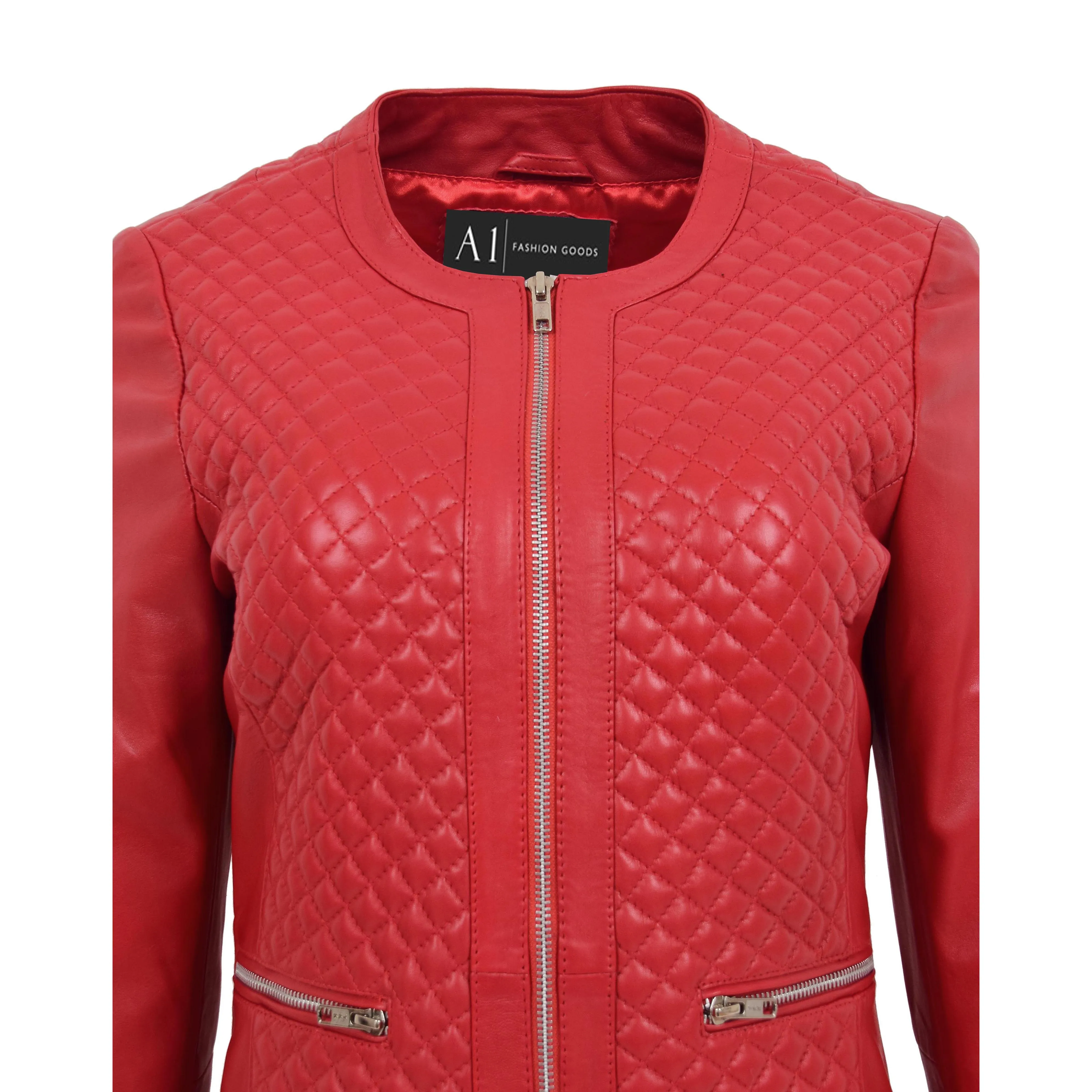 Women Collarless Red Leather Jacket Fitted Quilted Zip Up - Remi