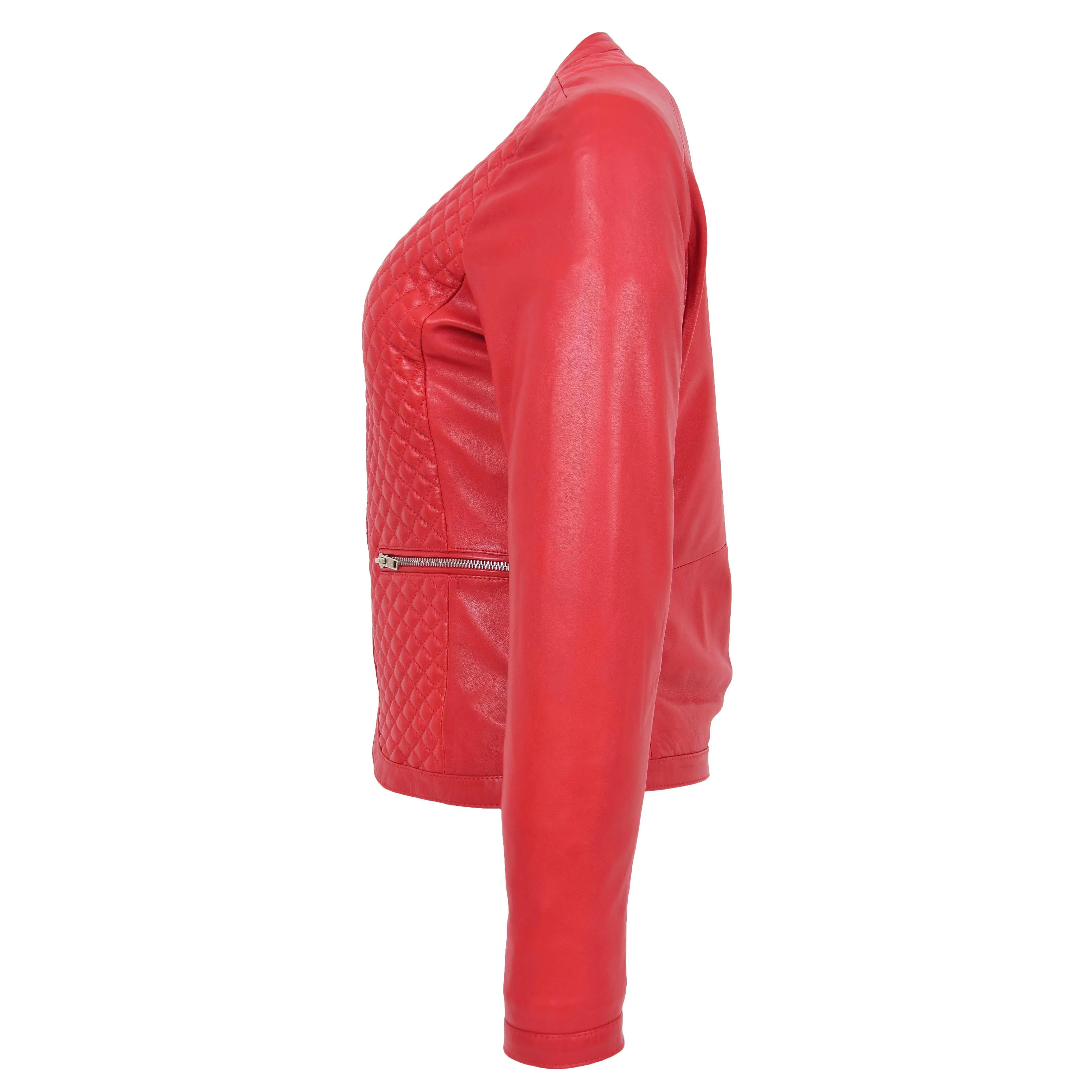 Women Collarless Red Leather Jacket Fitted Quilted Zip Up - Remi