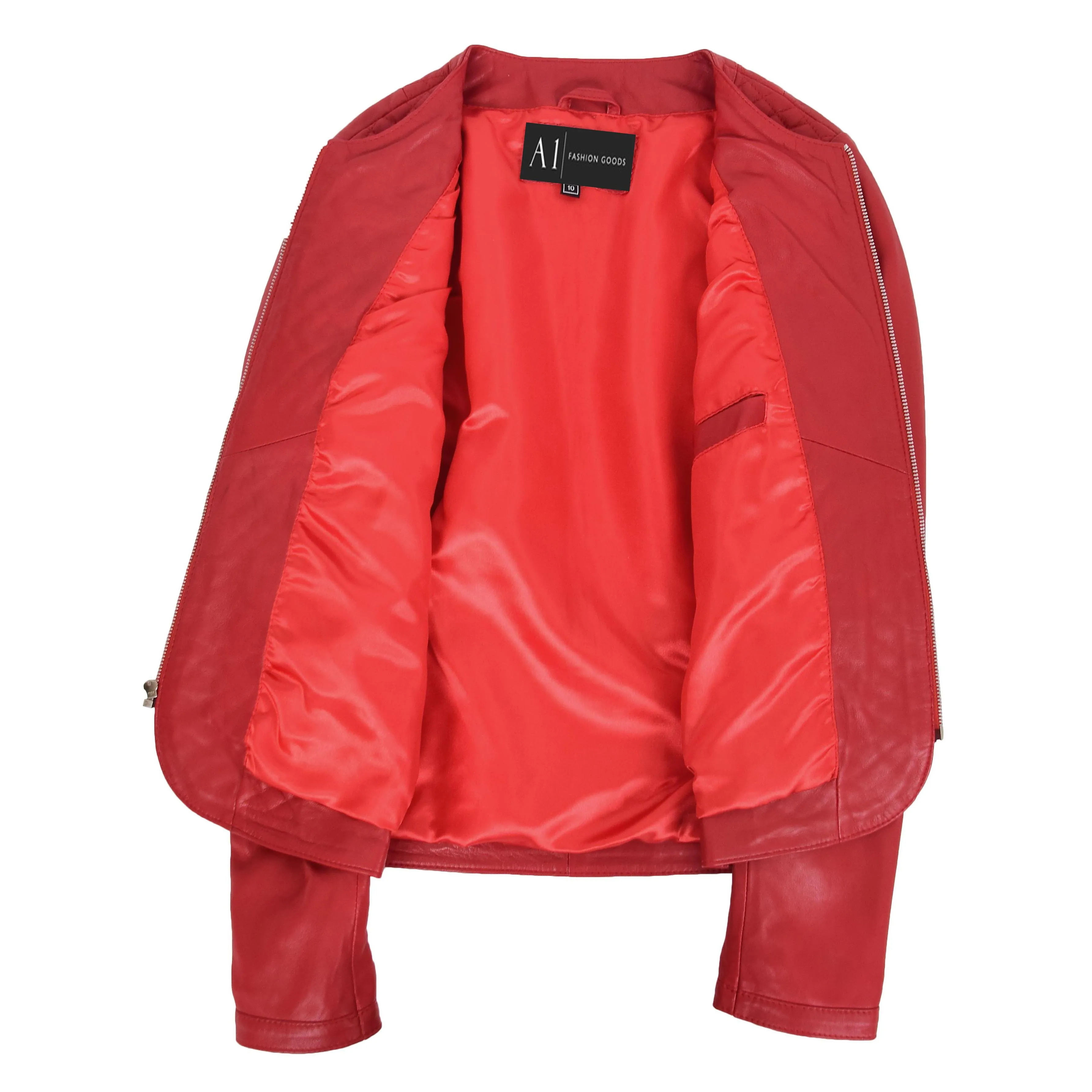 Women Collarless Red Leather Jacket Fitted Quilted Zip Up - Remi