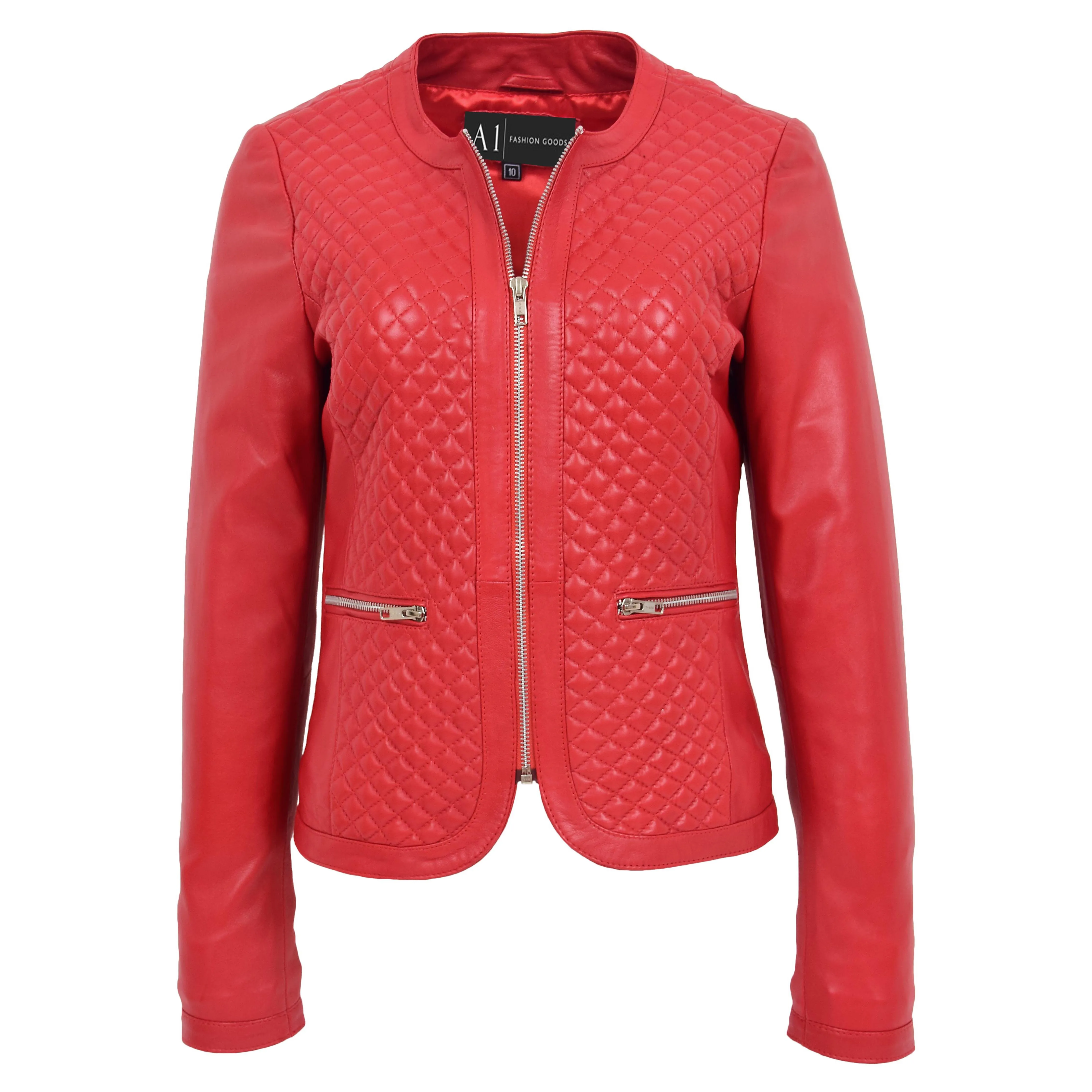 Women Collarless Red Leather Jacket Fitted Quilted Zip Up - Remi