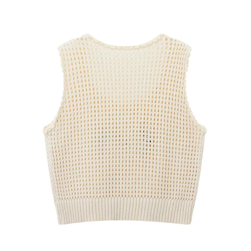 Women Fashion Beige Hollow Out Cropped Knitted Sweater Vest Vintage O-Neck Sleeveless Female Chic Lady Tank Tops B-052