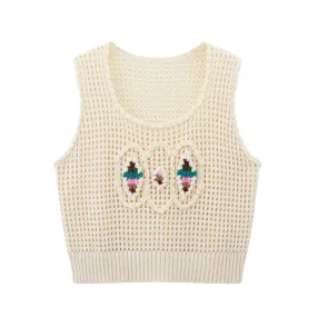 Women Fashion Beige Hollow Out Cropped Knitted Sweater Vest Vintage O-Neck Sleeveless Female Chic Lady Tank Tops B-052