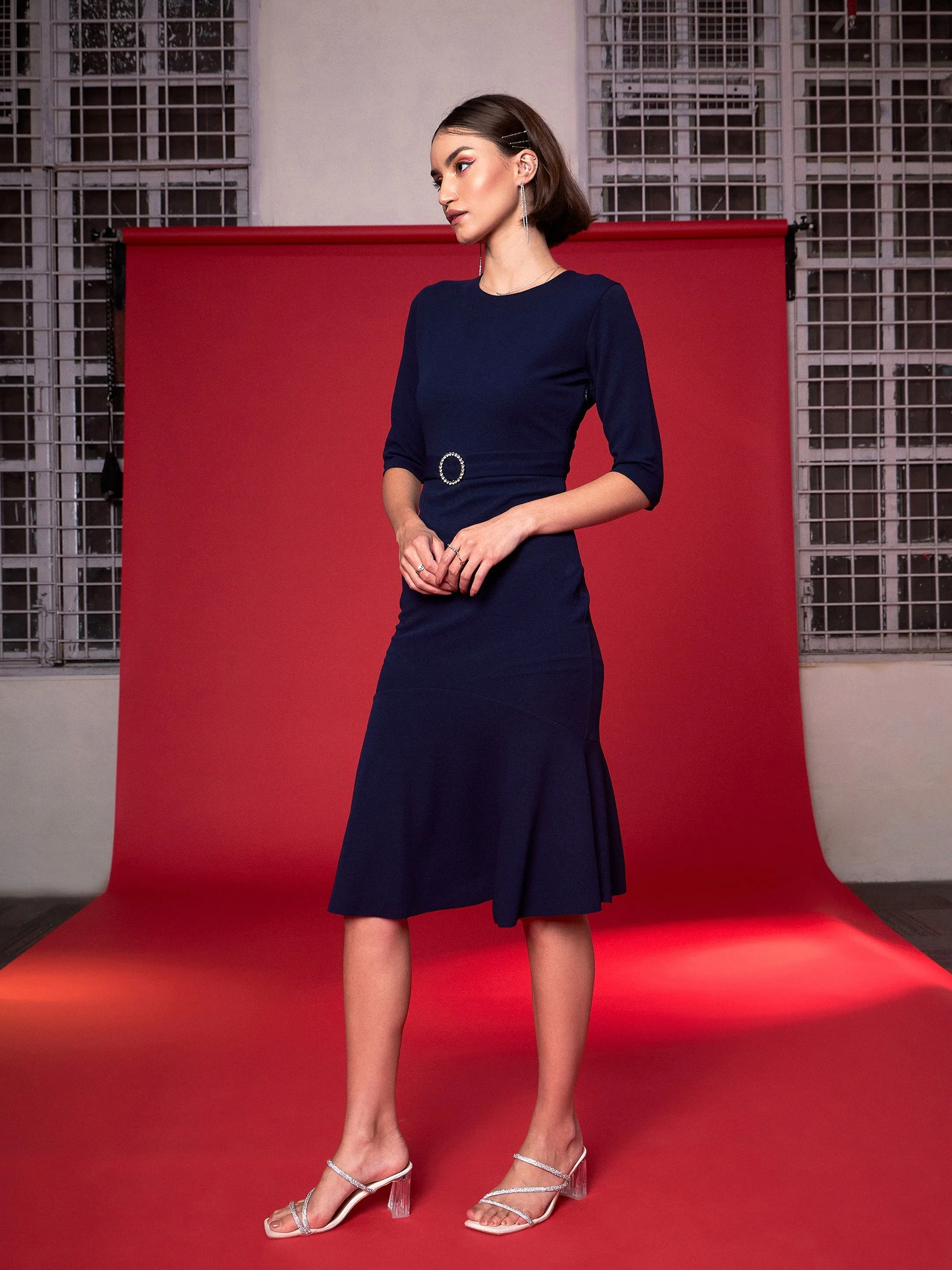 Women Navy Frill Hem Belted Midi Dress