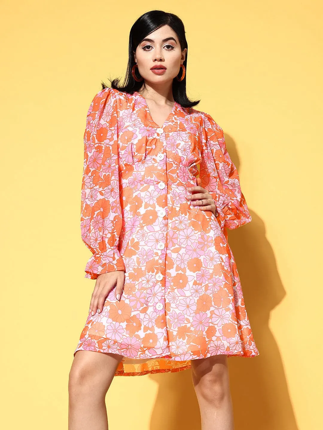 Women Orange & Pink Floral Front Button Dress