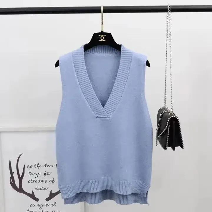 Women Sweater Vest Solid V-neck Loose Knitted Sleeveless Sweaters Female Simple Elegant Office Ladies Ulzzang Chic Popular New