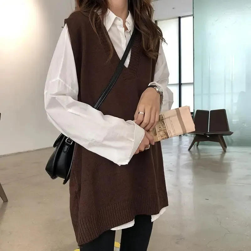 Women Sweater Vest Solid V-neck Loose Knitted Sleeveless Sweaters Female Simple Elegant Office Ladies Ulzzang Chic Popular New