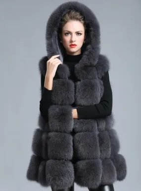 Women Thick Faux Fur Vest Hooded Fox Fur Vest Middle-Long