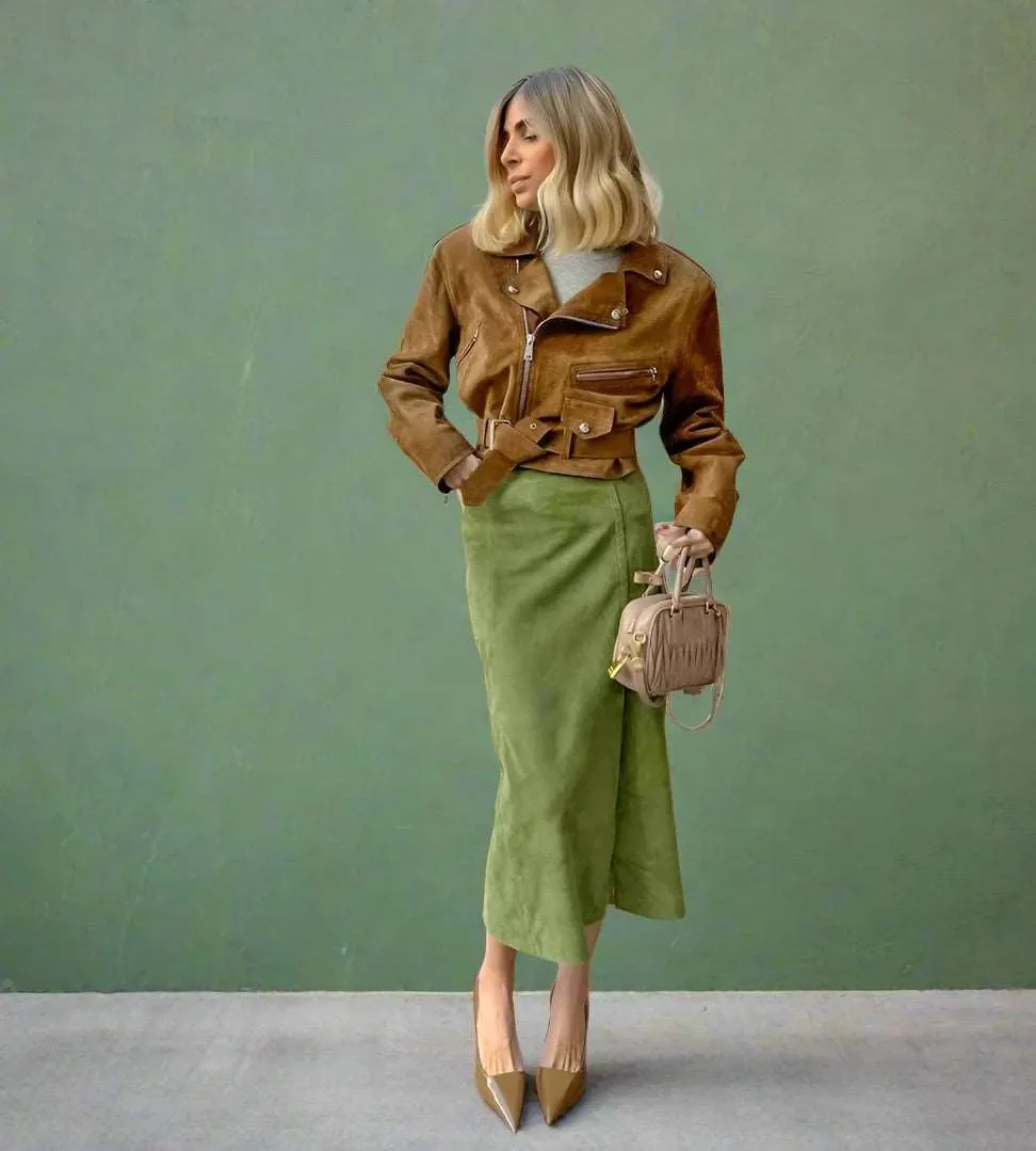 Women's Avocado Green High Waist Suede Skirt