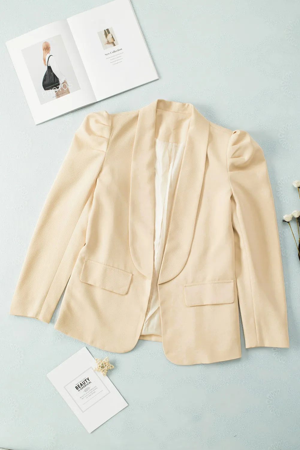 Womens Casual Blazers Puff Long Sleeve Open Front Office Work Suit with Pocket