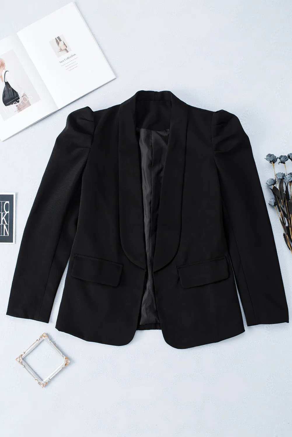 Womens Casual Blazers Puff Long Sleeve Open Front Office Work Suit with Pocket