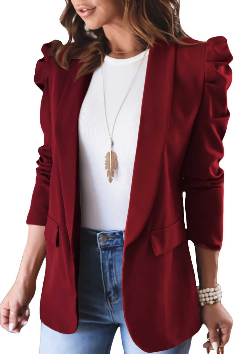 Womens Casual Blazers Puff Long Sleeve Open Front Office Work Suit with Pocket