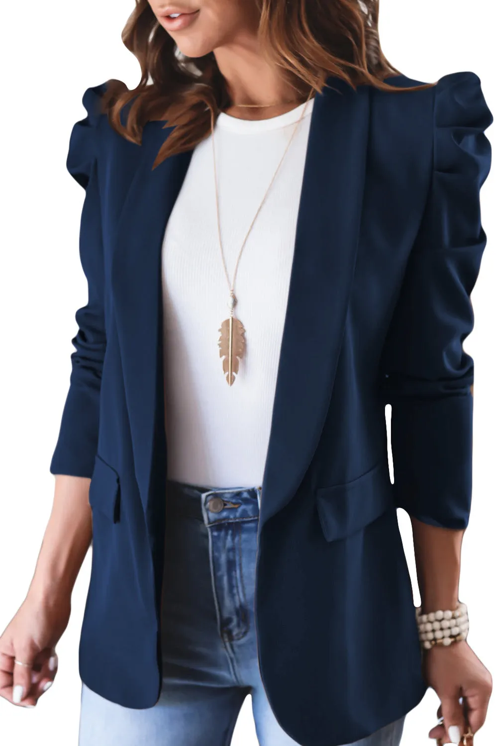 Womens Casual Blazers Puff Long Sleeve Open Front Office Work Suit with Pocket