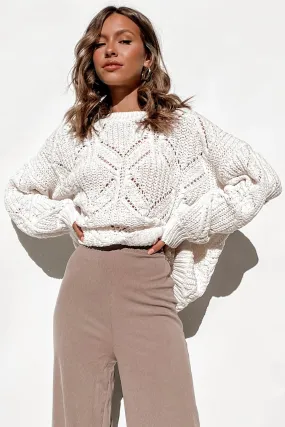 Women's Crewneck Balloon Sleeve Oversized Knit Eyelet Sweater