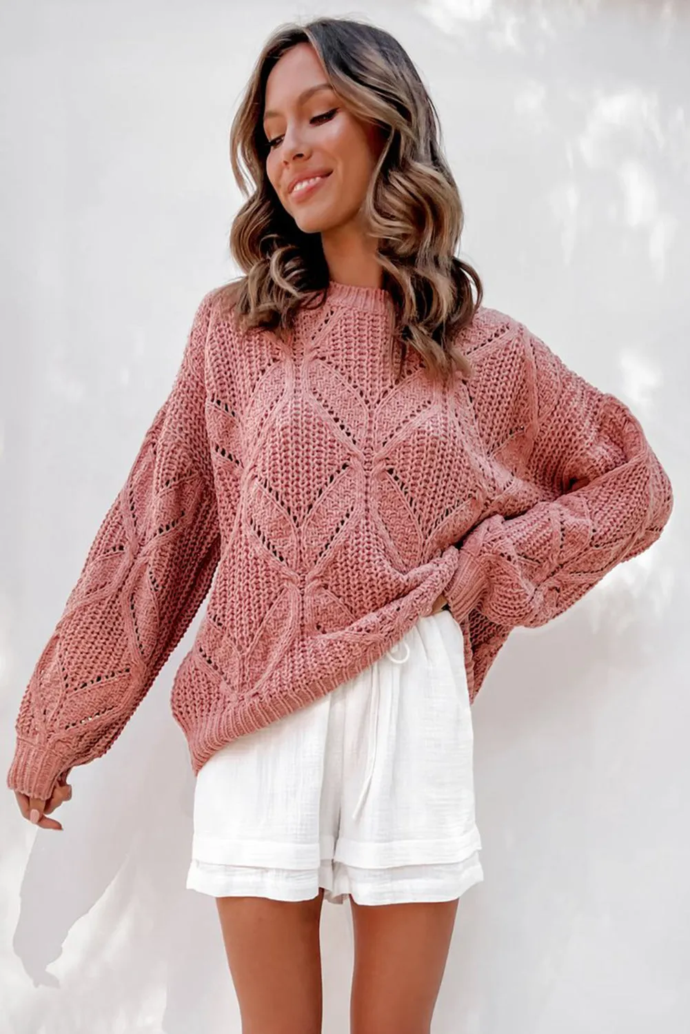 Women's Crewneck Balloon Sleeve Oversized Knit Eyelet Sweater