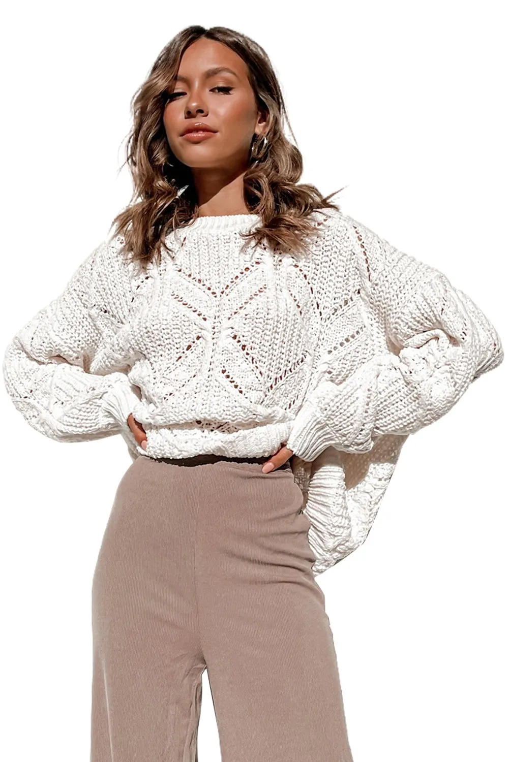 Women's Crewneck Balloon Sleeve Oversized Knit Eyelet Sweater