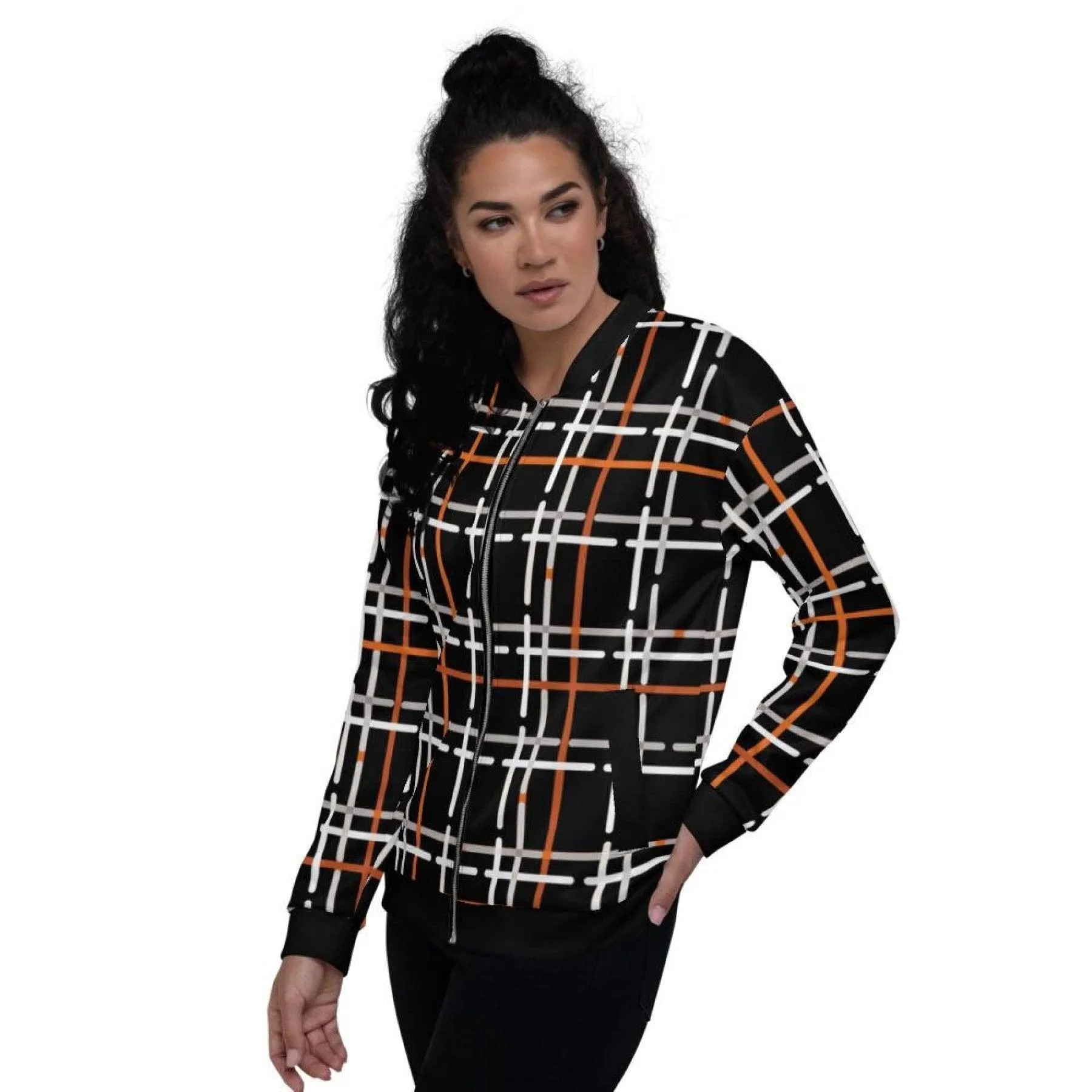 Womens Jacket - Black And Orange Tartan Style Bomber Jacket