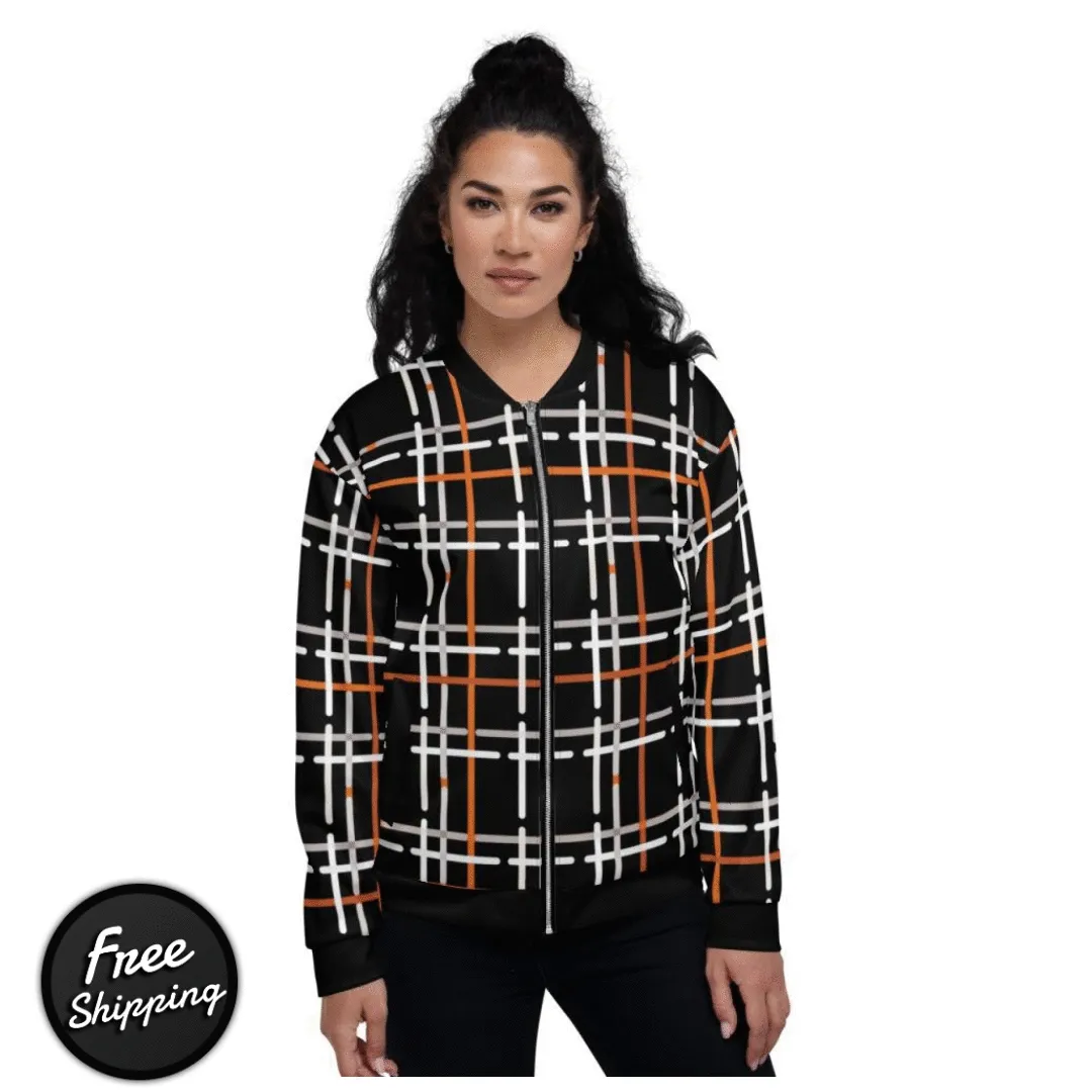 Womens Jacket - Black And Orange Tartan Style Bomber Jacket