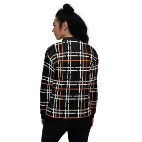 Womens Jacket - Black And Orange Tartan Style Bomber Jacket