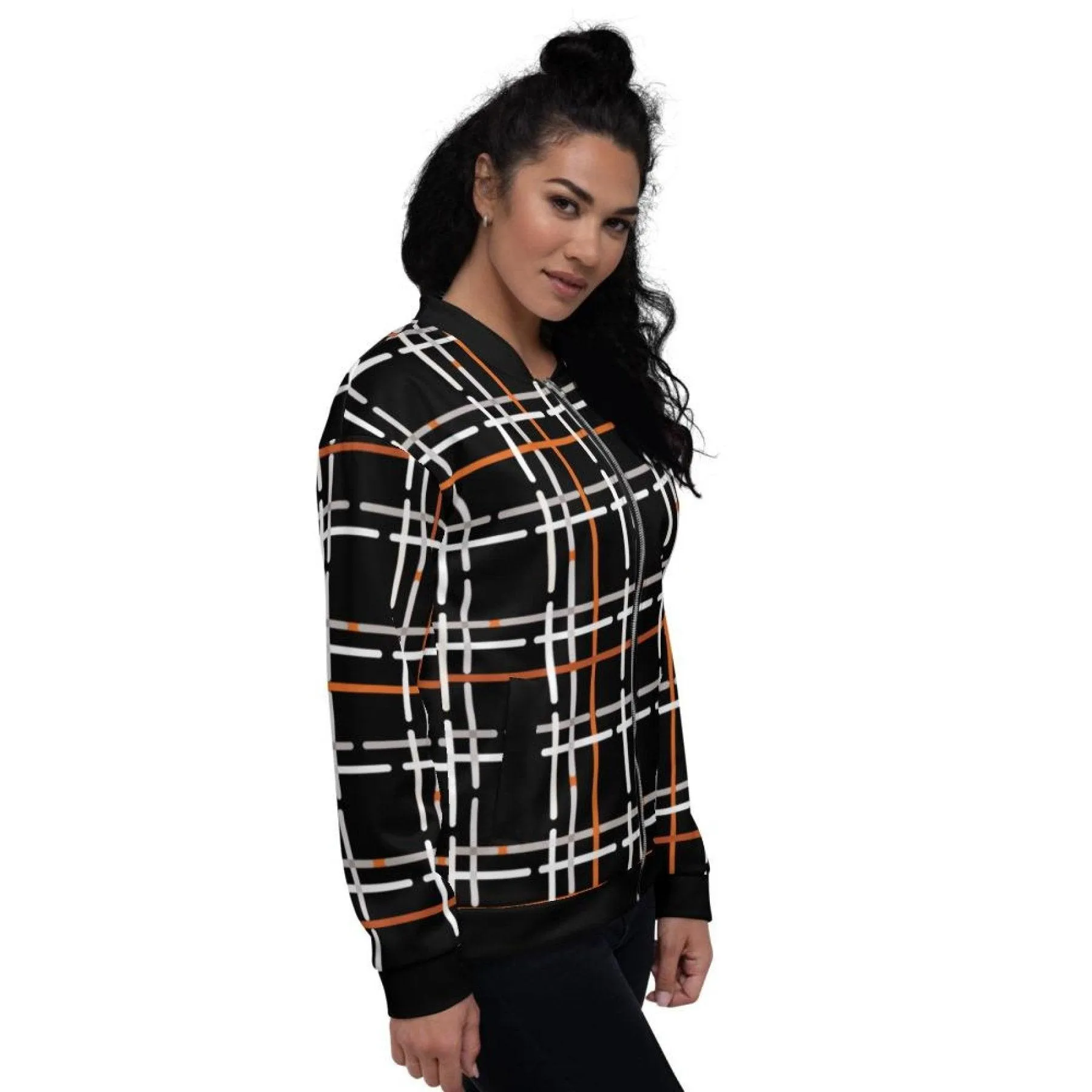 Womens Jacket - Black And Orange Tartan Style Bomber Jacket