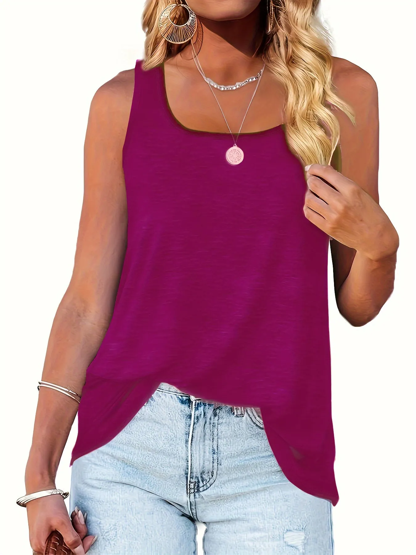 Womens Plus Size Solid Square Neck Tank Top for Summer