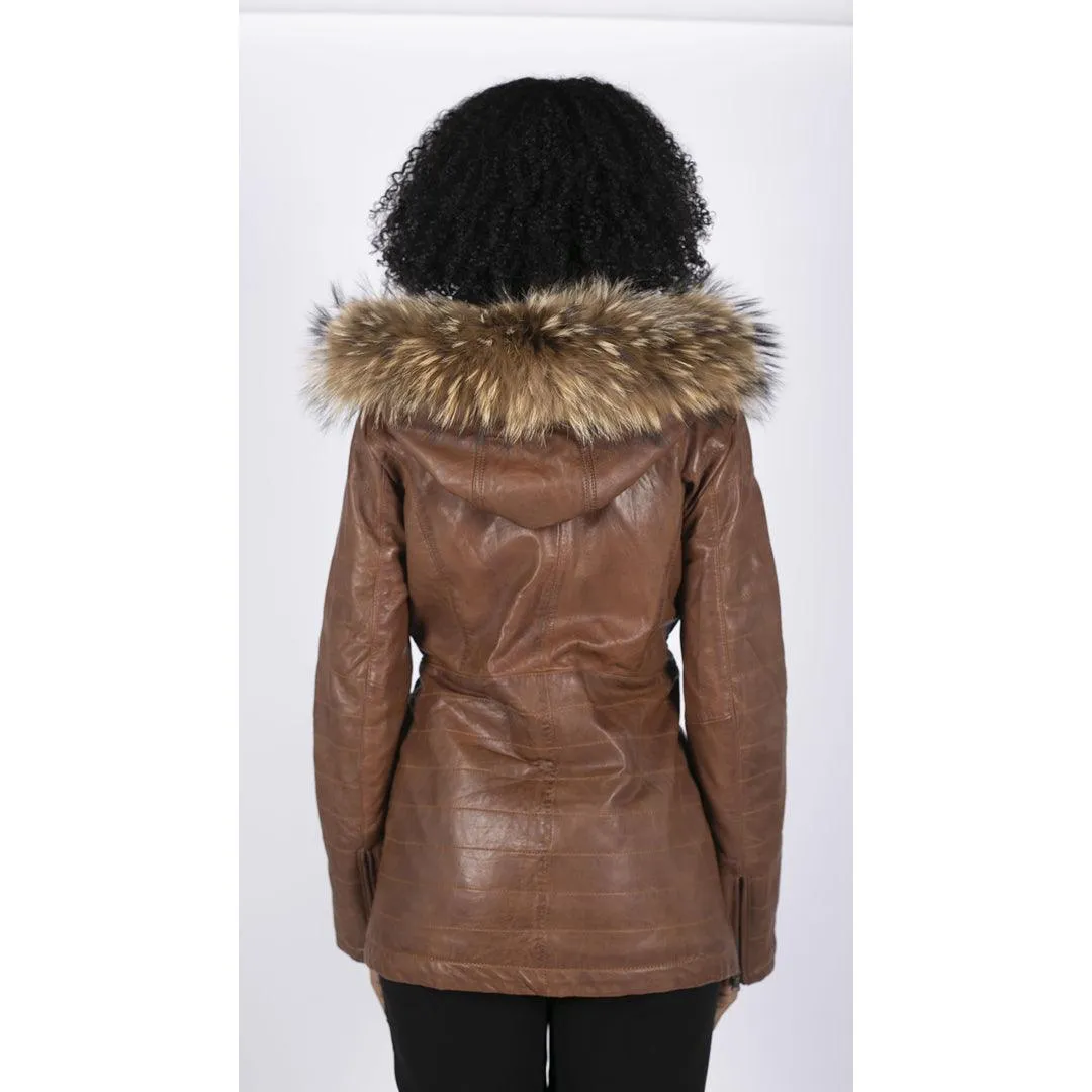 Womens Real Leather Parka Jacket 3/4 Fur Hood Zipped Brown Tan Grey Tailored Fit