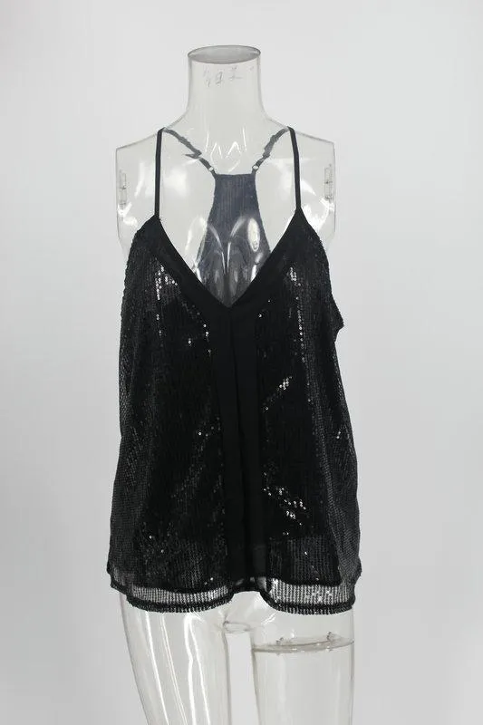 Women's Sleeveless Sparkle Shimmer Camisole Vest Sequin Tank Tops