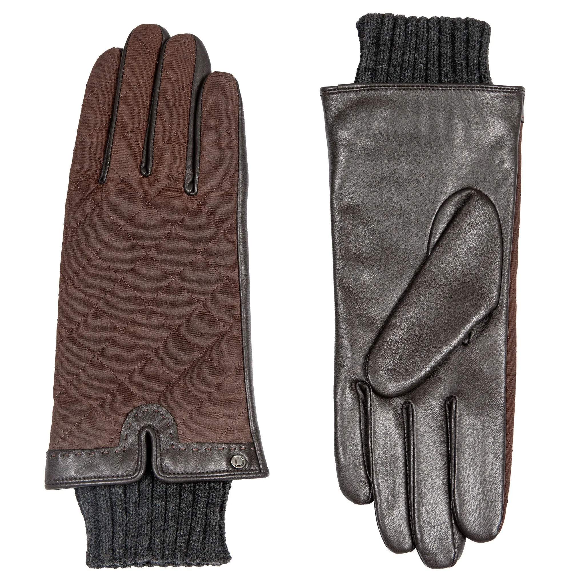 Women’s Touchscreen Water Resistant Lined Waxed Cotton and Leather Gloves with Knitted Cuffs