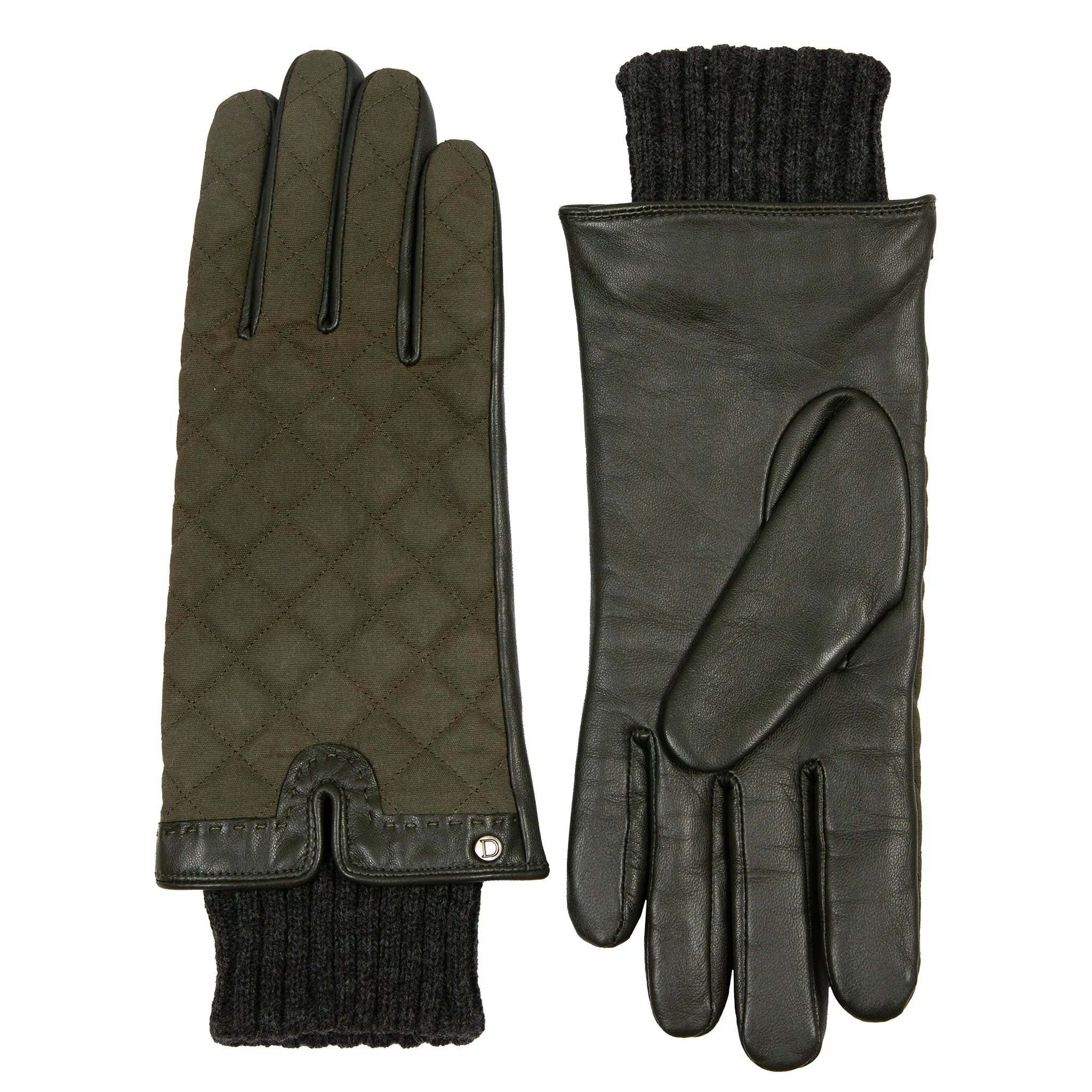 Women’s Touchscreen Water Resistant Lined Waxed Cotton and Leather Gloves with Knitted Cuffs