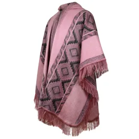 Zancudo - Lightweight Baby Alpaca Fringed Hooded Poncho - Dusty Rose & Charcoal - Unisex