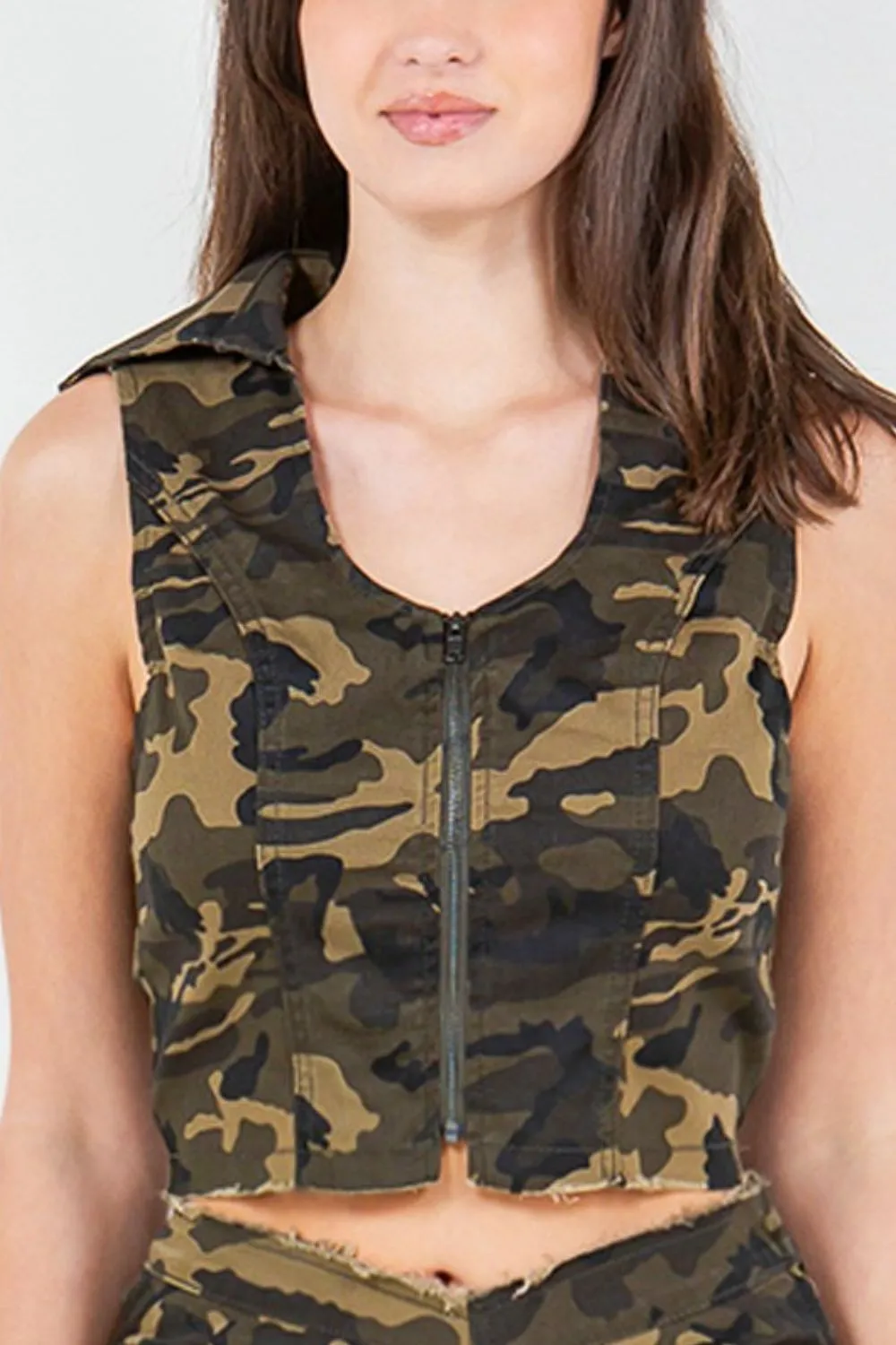 Zip Up Camo Crop Denim Vest